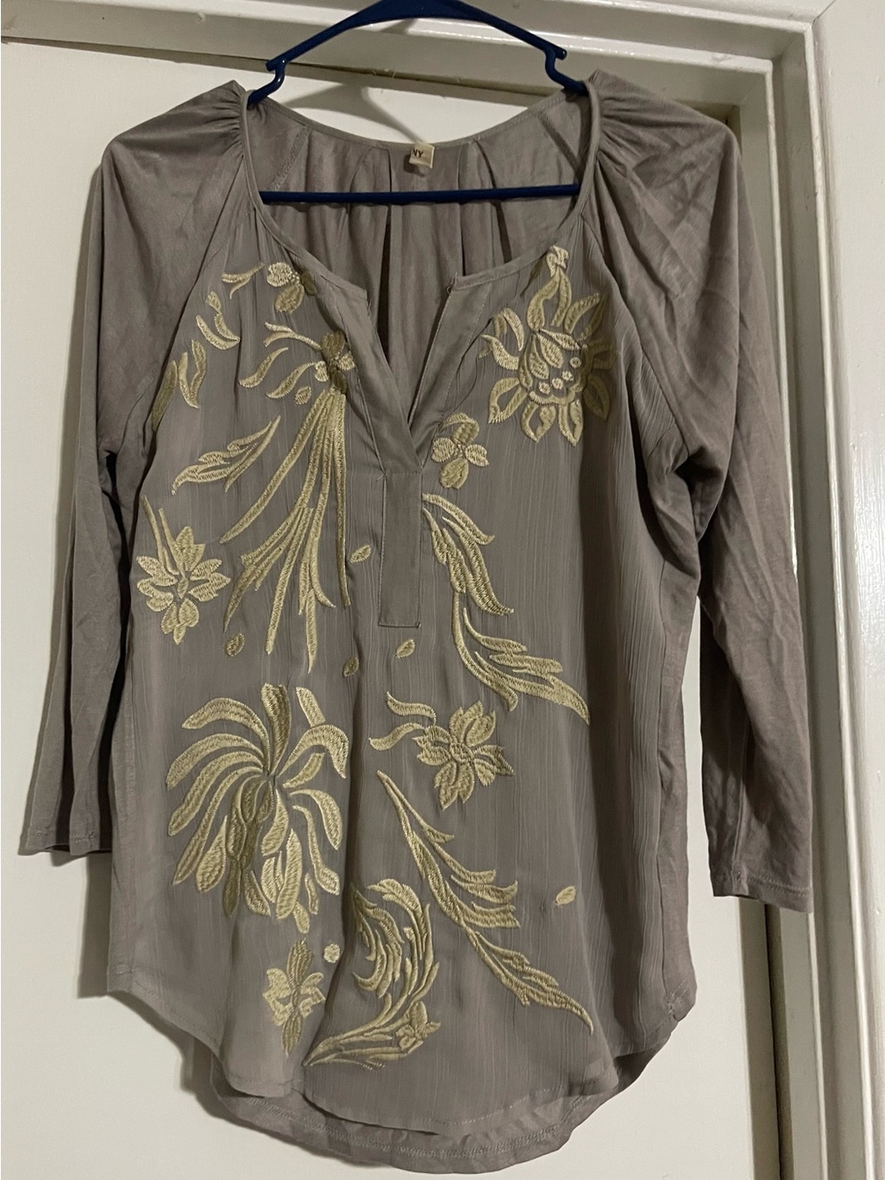 TINY Anthropologie Tiny Gray  & Tan Blouse Embroidered Oversized XS